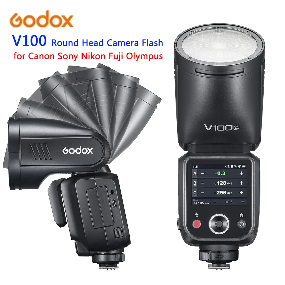 Godox V100 Round Head Camera Flash Wireless Transmission Speedlite Flash for Canon Nikon Sony Fuji Olympus Camera Flashes