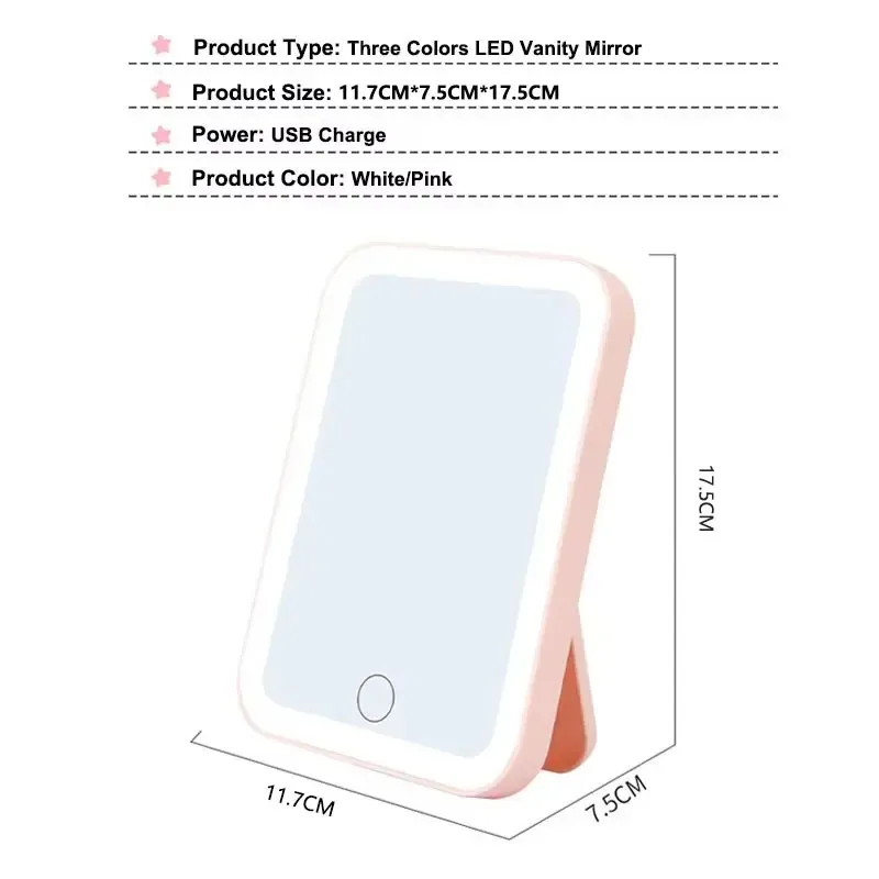 3 Brightness Dimming LED Vanity Mirror, Portable 3-Color Touch Screen Mirror with USB Rechargeable Function