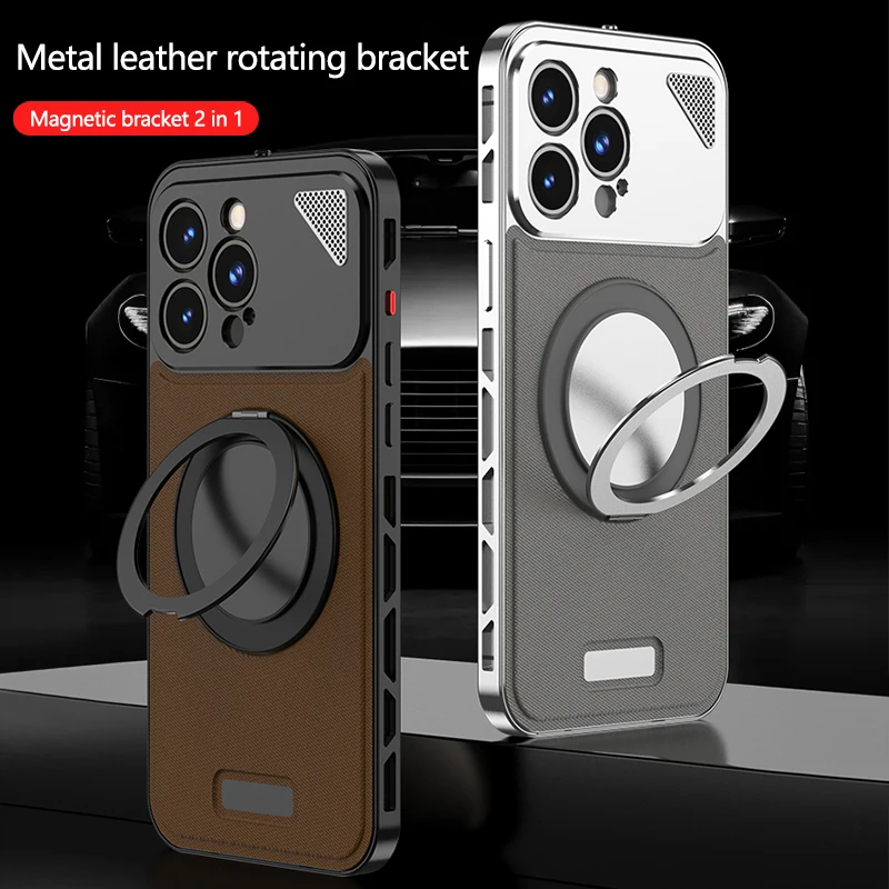 

Luxury Magnetic Leather Metal Buckle Holder Phone Case For iPhone 15 14 13 12 Pro Max Aluminum Lens Protection Shockproof Covers