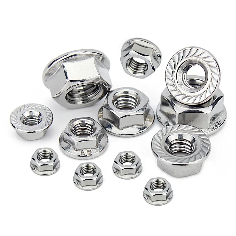 10PCS/LOT M3 M4 M5 M6 M8 M10 M12 M14 M16 M20 304 Stainless Steel Hexagon Flange Nut Pinking Slip Locking Nut  DIN6923  Nut Cap