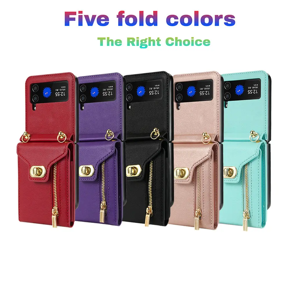 Fashion Multi Cards Slots Leather Crossbody Case For Samsung Galaxy Z Flip 6 5 Flip 4 Flip 3 Wallet Long Lanyard Zipper Cover