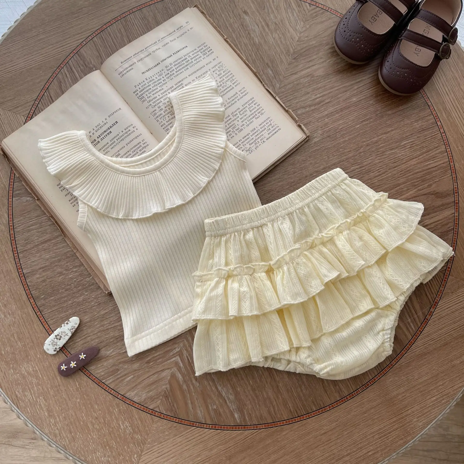 

Baby Clothing Set Summer Backless Sleeveless Lotus Collar Top for Baby Girls Princess Double Shorts Casual Two Piece Set
