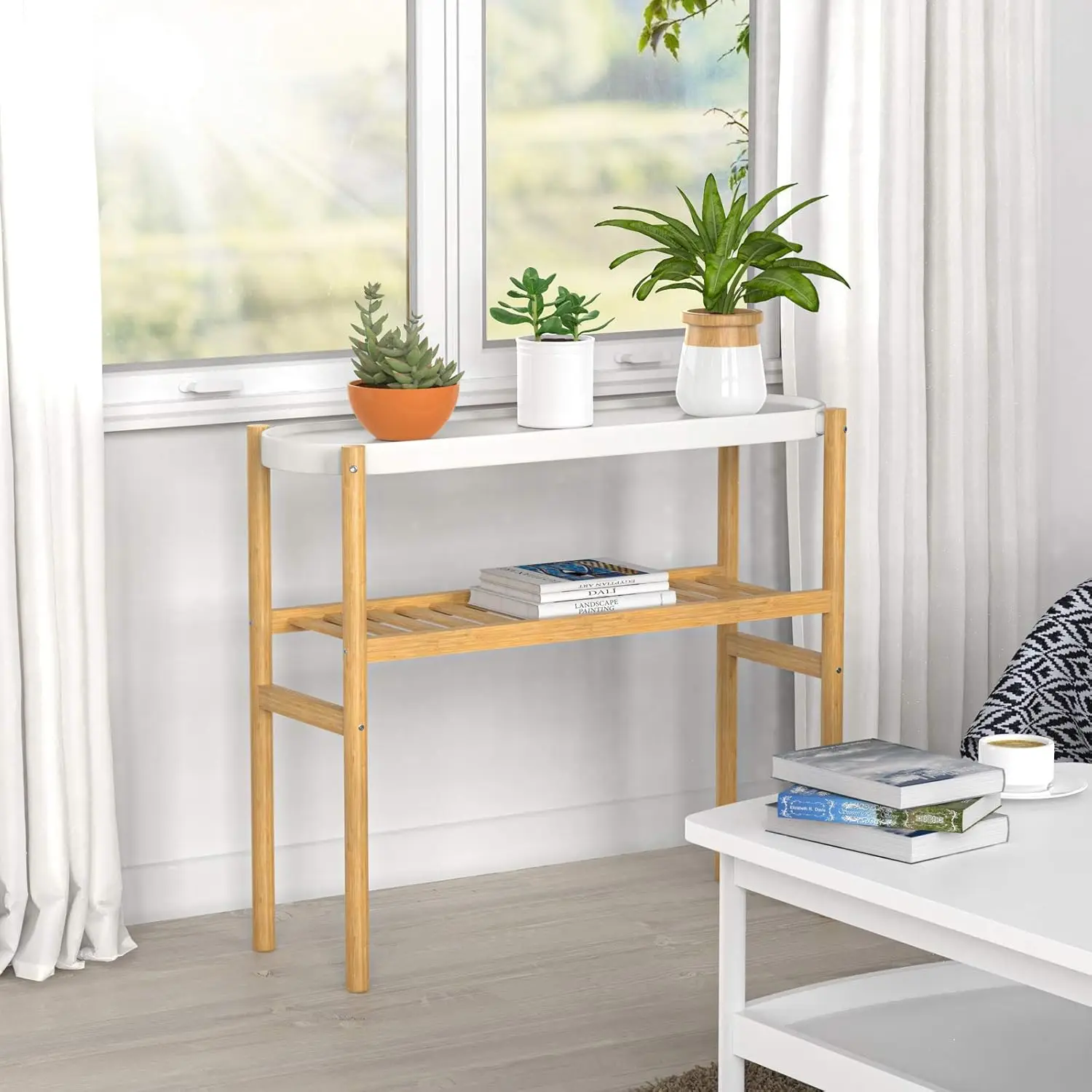 Bamboo Shelf Indoor, 2 Tier Window Tall Stand Table for Multiple Plants