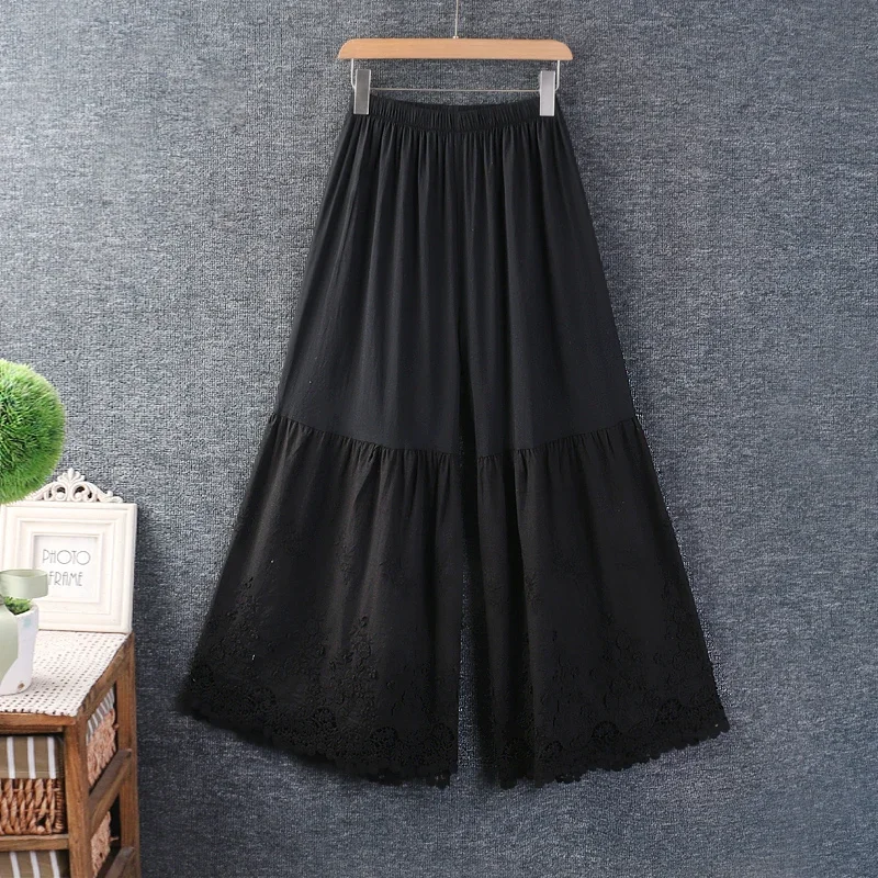 Spring Summer Sweet Mori Girl Hollow Out Embroidered Wide Leg Pants Women Korean Style Elastic Waist Solid Color Cotton Pants