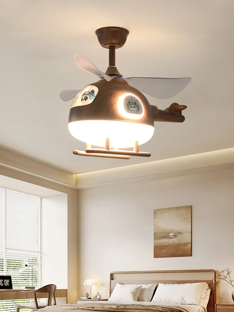 Children's airplane chandelier, boys' helicopter fan lights, wabi-sabi wind, walnut colors, bears, inverter ceiling fans, bedroo