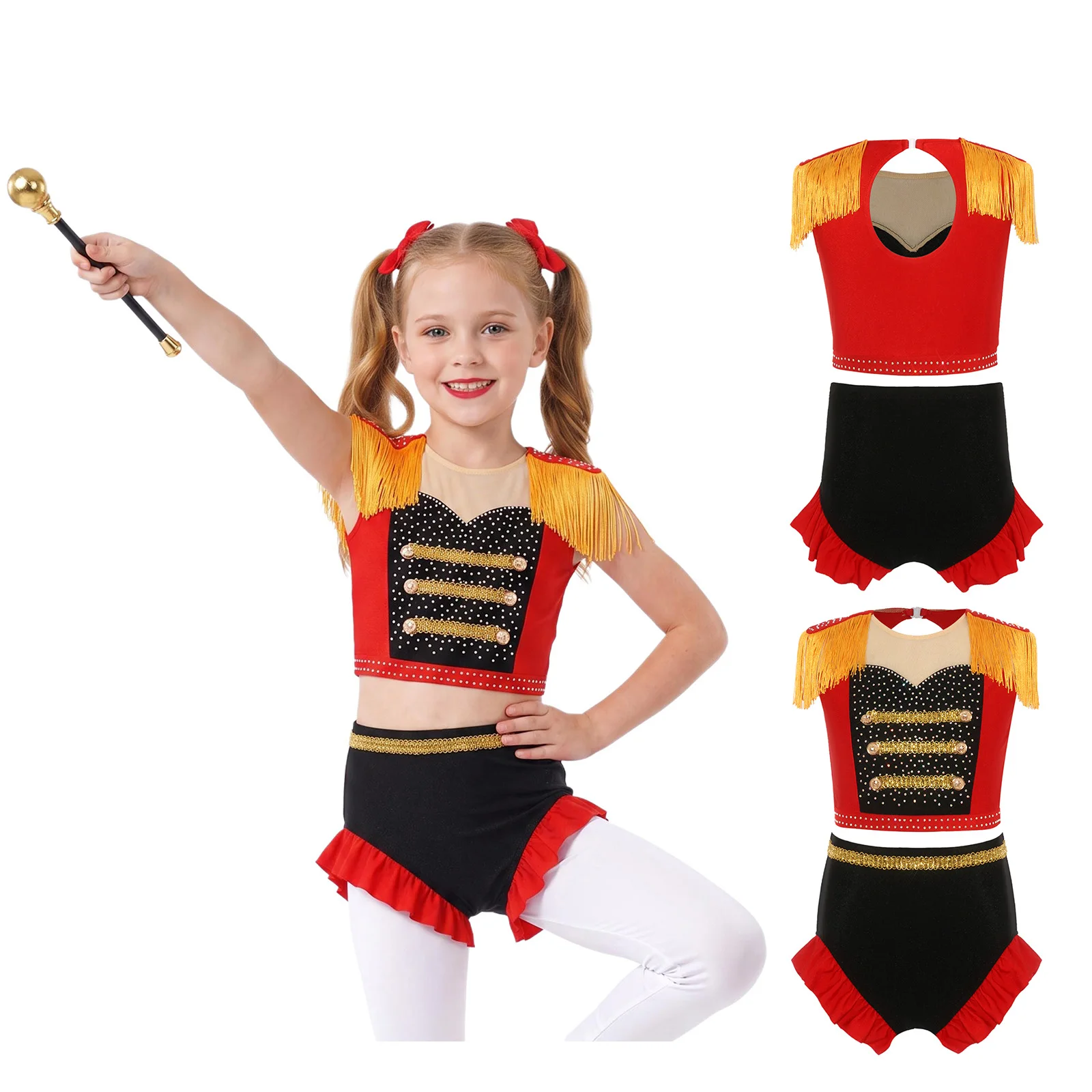 Disfraz de Ringmaster de Circo para Niñas, Conjunto de Top Corto con Borlas y Pantalones Cortos con Volantes para Espectáculos y Presentaciones