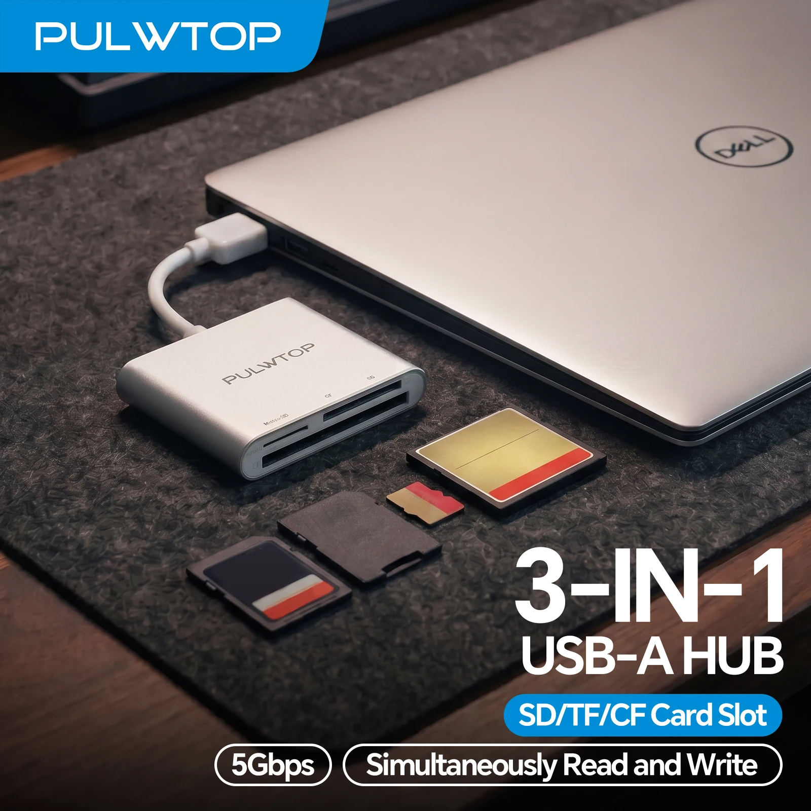 Lector de Tarjetas USB-A PULWTOP, Adaptador SD/MicroSD/CF Plug and Play, Lector de Tarjetas de Memoria USB 3.0 para SDHC, SDXC, MicroSD, Compact Flash