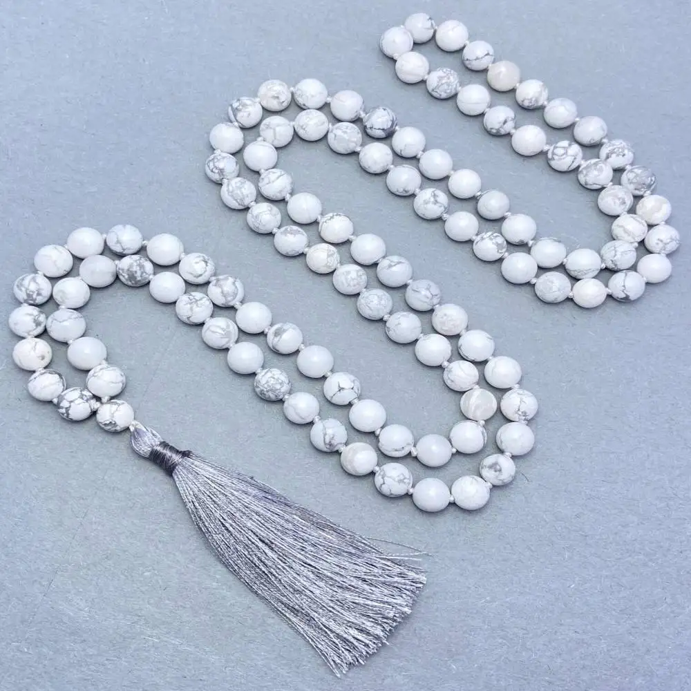 

Natural Howlite 108 Mala Beads Necklace with Grey Tassel Calm & Peace Healing Crystal Jewelry