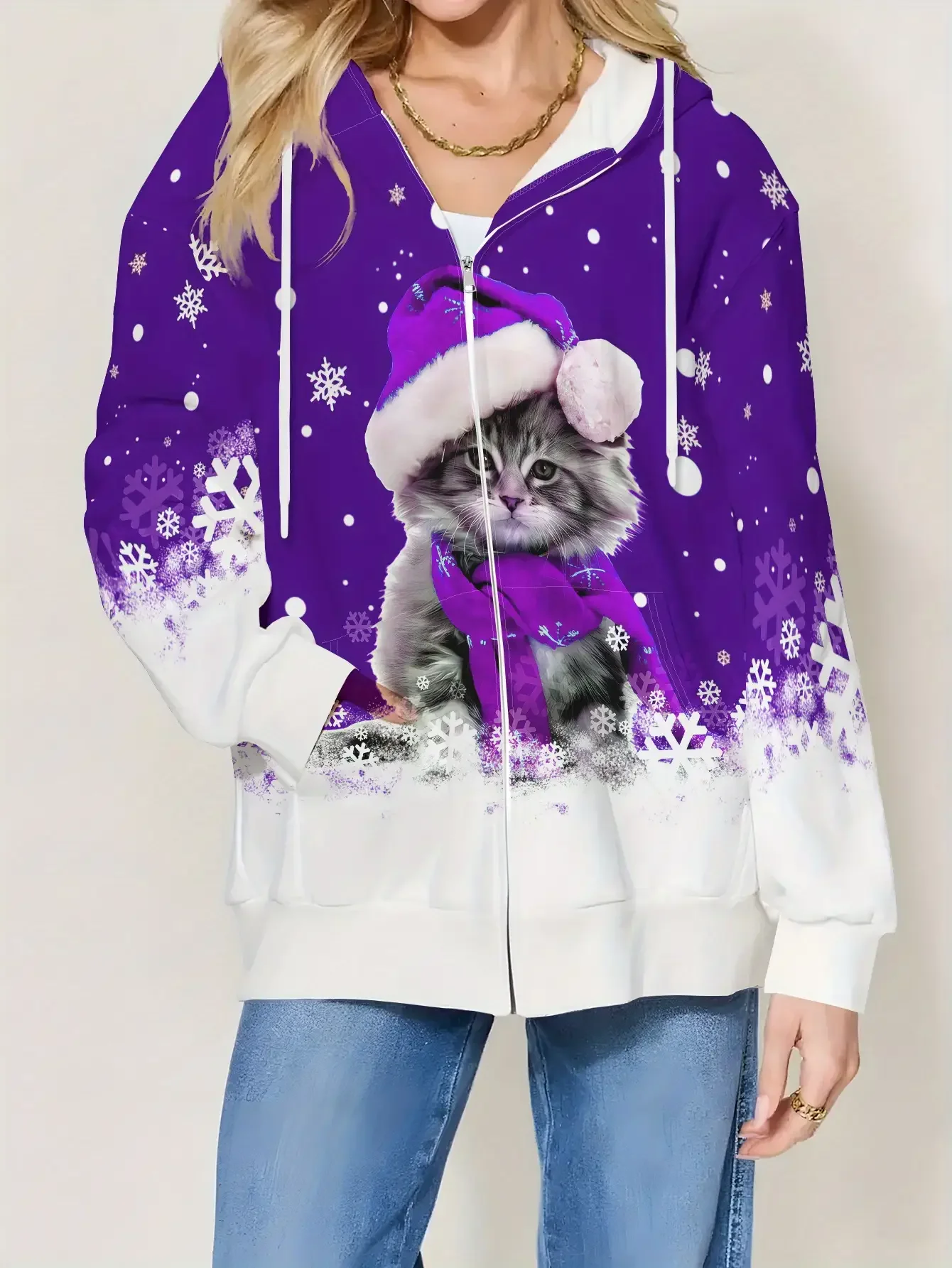 

Christmas women's new hoodie zipper jacket, fashionable, casual, versatile, Purple kitten winter clothes