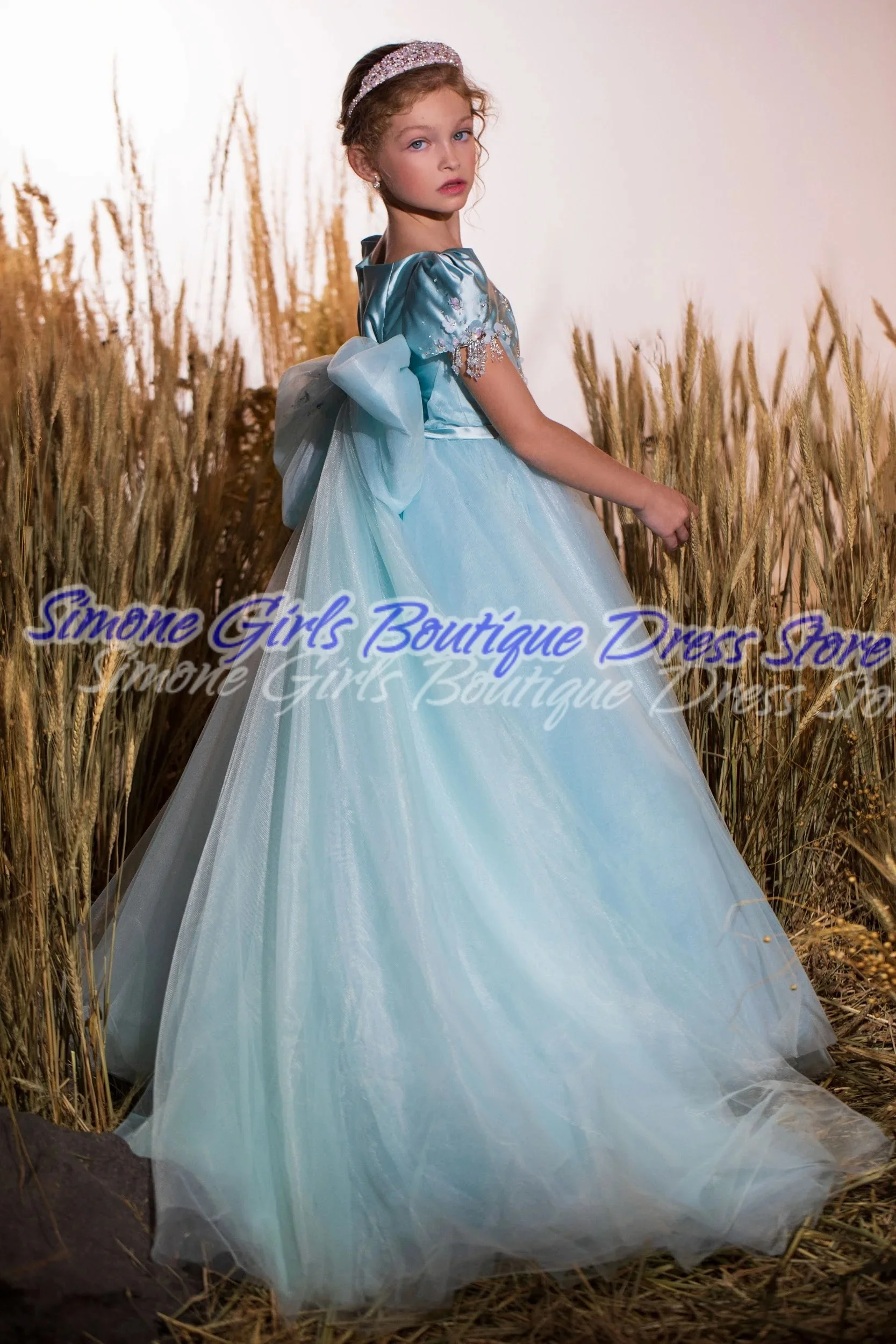 Pailletten korte mouwen hemelsblauwe elegante satijnen jurk bloemenmeisje jurk voor dansfeest bruiloft schoonheidswedstrijd verjaardagsfeestje