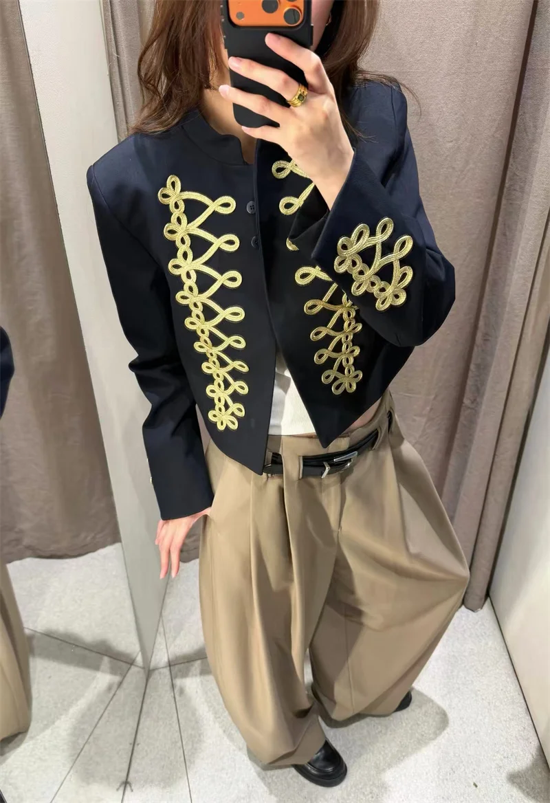 Guobioziy 2026 Fall New Women's Jacket Navy Blue Rope Knot Button Decorative Napoleon Knight Coat Jacket Parka Blazer Stylish