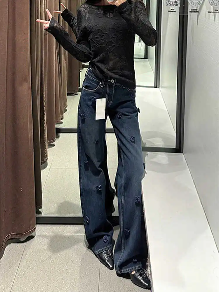 Women's Low Rise Straight Leg Jeans Denim Pants 2000s Y2K Harajuku Designer Blue Cowboy High Street Chic New Tide Flower New