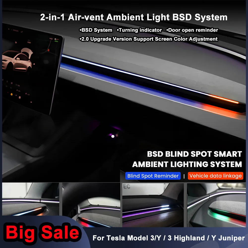 

New Version 2-in 1 Smart Air Vent Ambient Light System Blind Spot Monitoring BSD System for Tesla Model 3 Y Juniper 3 Highland