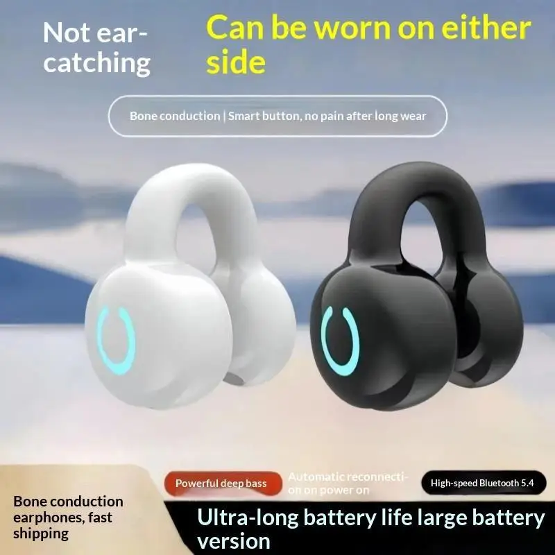 Wireless Bluetooth Single Ear Bone Conduction Clip Ear Earphones Noise Cancelling HD Call Sports Gaming Music