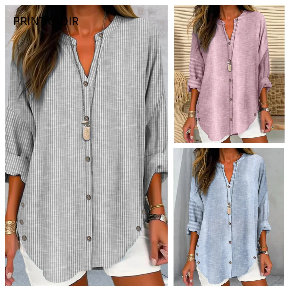 

Women Casual Long Sleeve Striped Buckle Loose Blouse Ladies Fashion Loose Striped Shirt