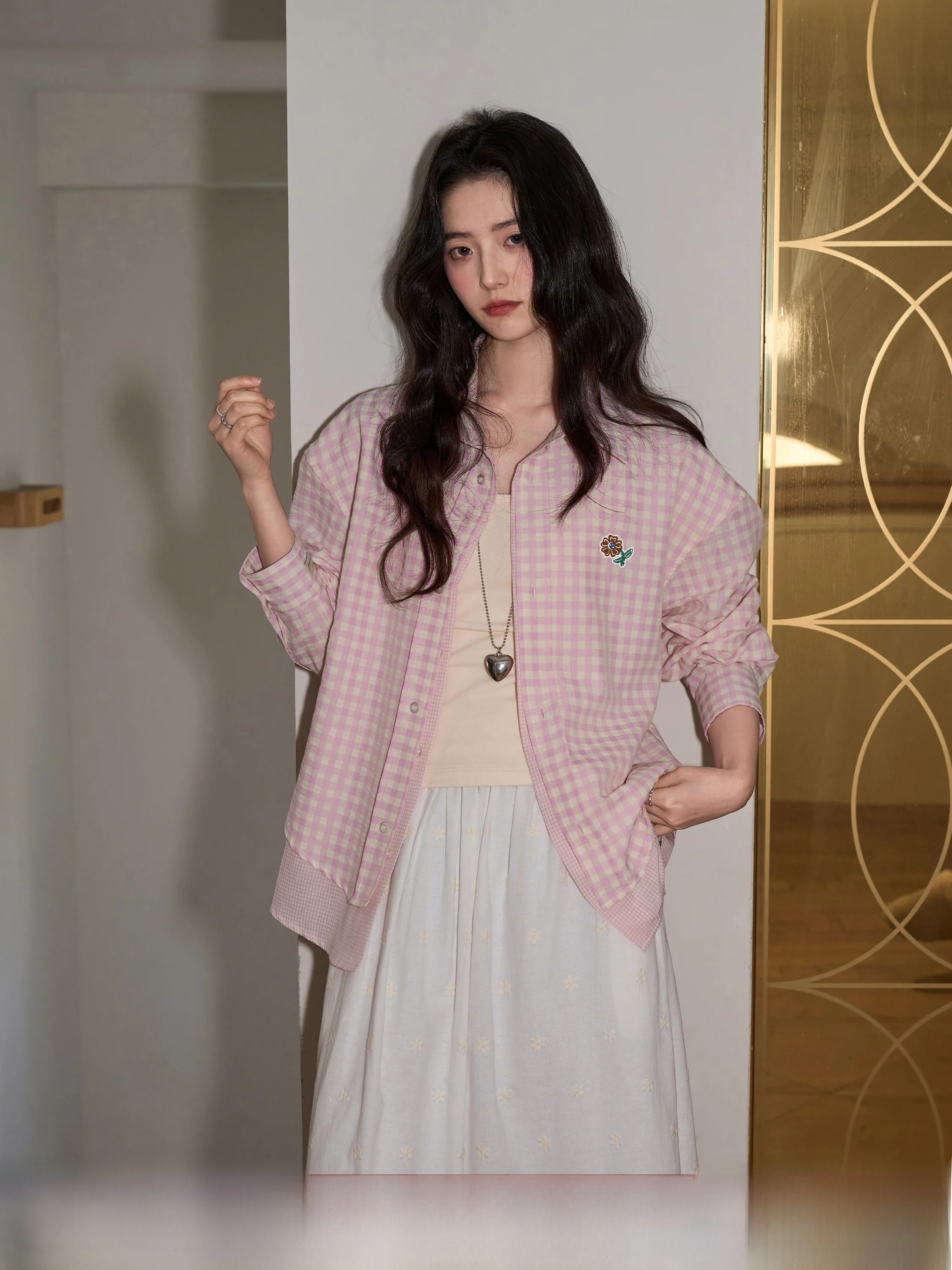 

Spring 2026 Women's Pink Collar Embroidered Plaid Long Sleeve Loose Slimming Casual Shirt Cotton Polyester Blend Resista...