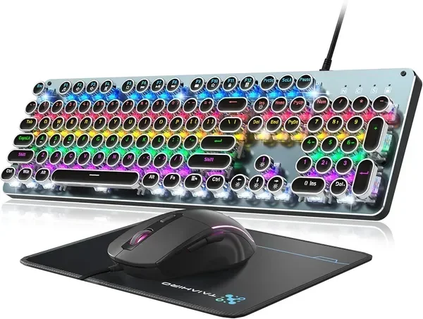 Typewriter Style Mechanical Gaming Keyboard Blue Switch, Rainbow LED Backlit Wired Computer Keyboards