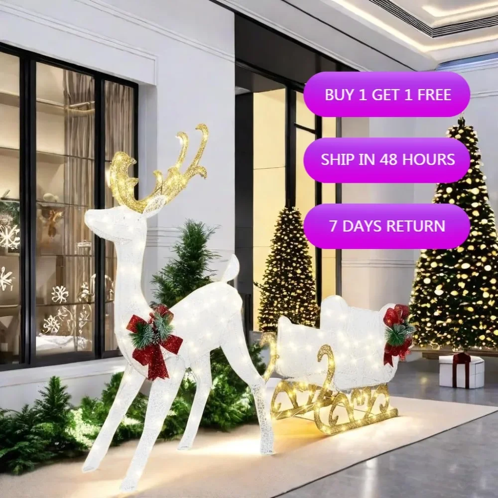 

Glittering White Christmas Reindeer and Sleigh Display with 200 LEDs – Versatile Outdoor and Indoor Holiday Decoration for Lawns