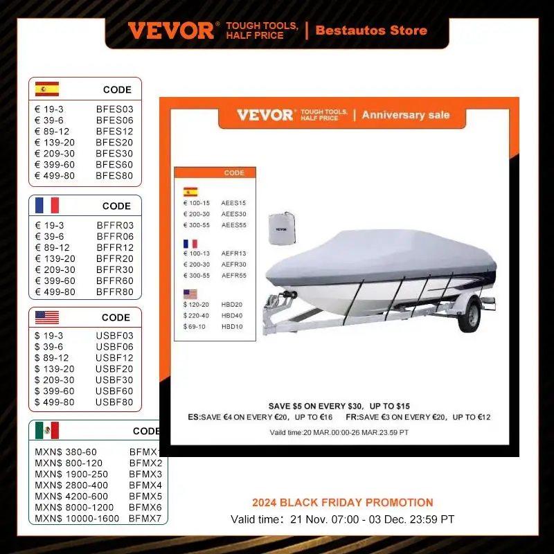 VEVOR 16-18.5 FT V Hull Boat Cover 600D Oxford Fabric Material All-Season Protection With Storage Bag and 5Pcs Adjustable Straps