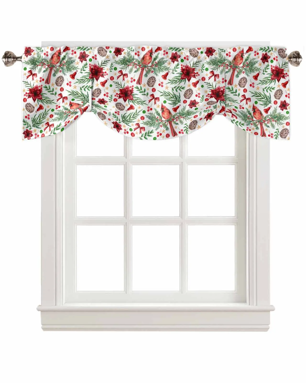 Christmas Flower Berry Pine Bow Window Curtain Living Room Kitchen Cabinet Tie-up Valance Curtain Rod Pocket Valance