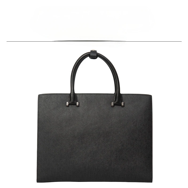 Unisex Black Genuine Cowhide Leather Tote Bag with Top Handle Large Capacity Business Handbag for Work Travel Daily