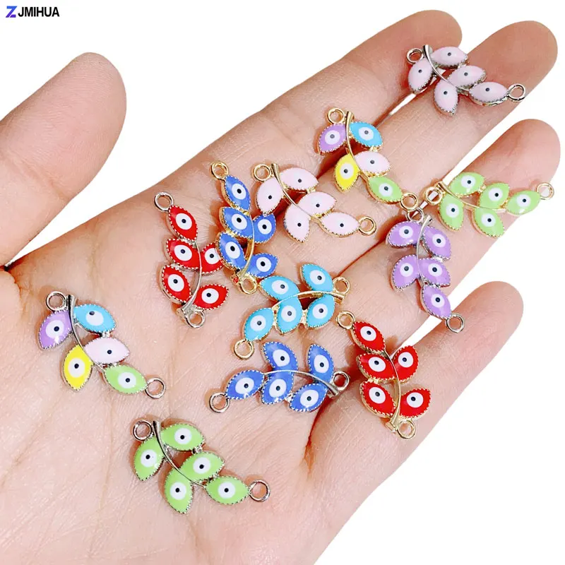 

15pcs Colorful Leaf Evil Eye Connector Boho Style Jewelry Findings Accessories Enamel Alloy Connector For DIY Bracelets Supplies