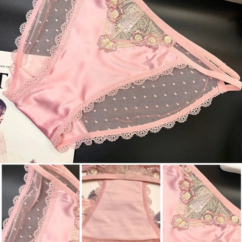 Lace Triangle Underwear Fwomen Hollow Embroidery Straps Summer Low Waisted Triangular Panties Transparent Satin Mesh Cool Briefs