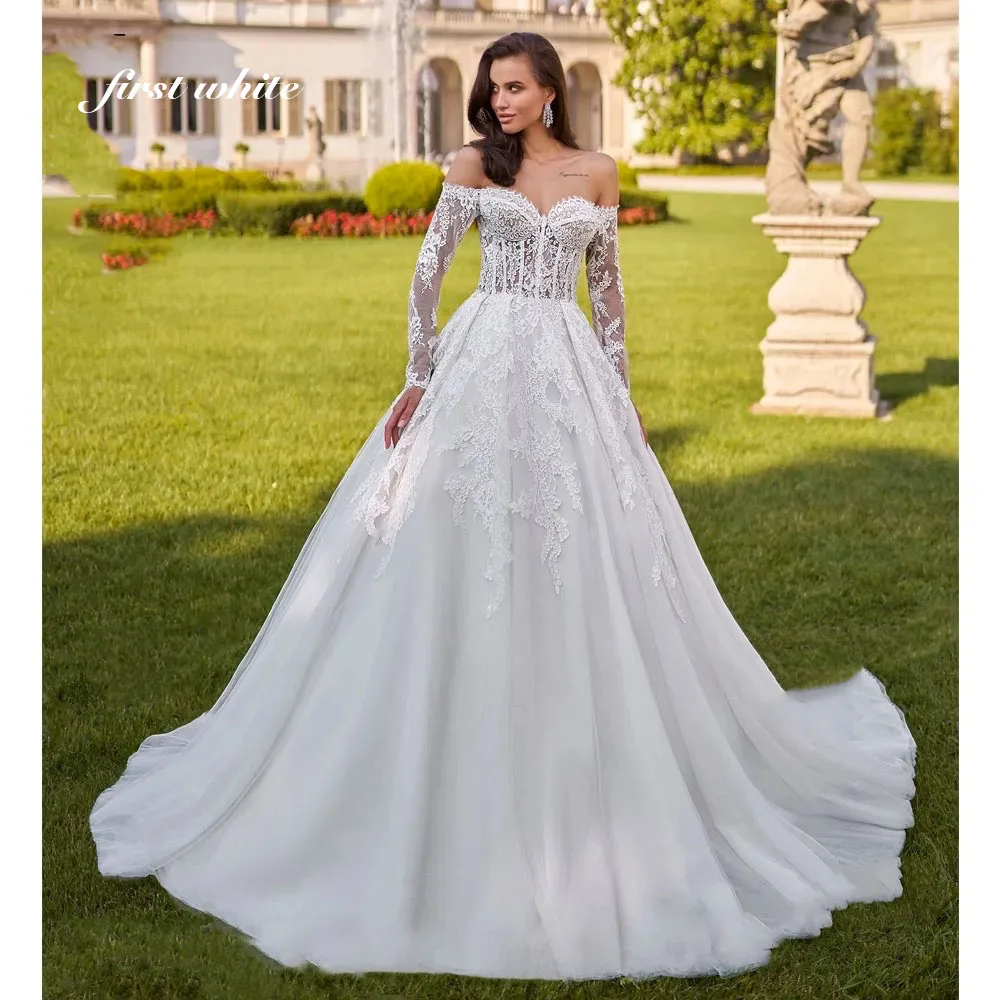 Off Shoulder Sweetheart Wedding Dress Long Sleeve Lace Tulle Deep V Back Ball Gown Bridal Gown Custom Dress With Chapel Train