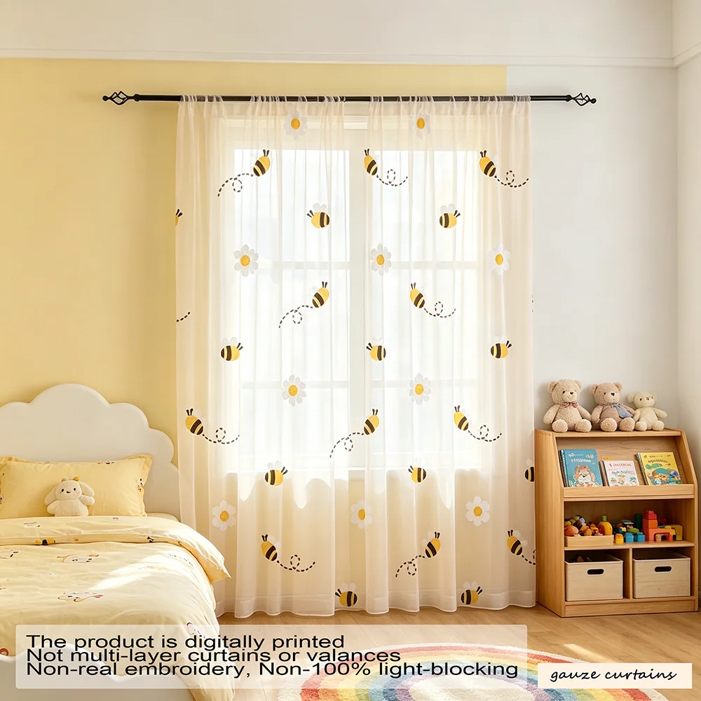 2PCS, Cream White & Light Yellow, Printed with Little Bees and Daisies, Fresh and Childlike Style, Flat Printed Curtains, Rod Po