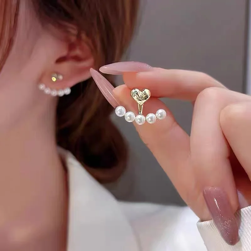 2022 New Elegant Metal Heart-Shaped Back Hanging Pearl Earrings Korean Fashion Jewelry For Woman Girls Accessories Wholesale image 2