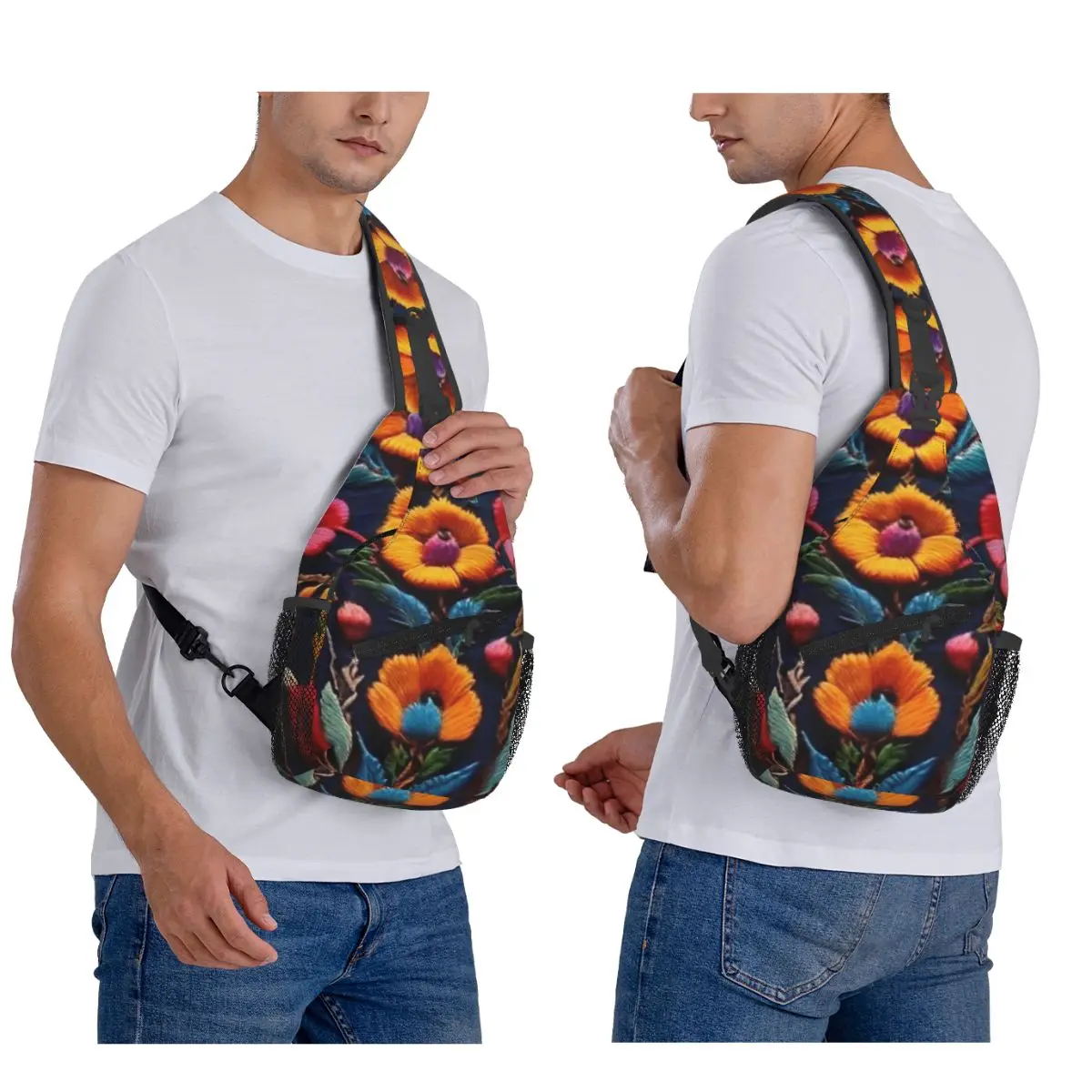 

Mexican Embroidery Floral Chest Bag Men Sling Crossbody Backpack Chest Bag Traveling Hiking Daypack Shoulder Bag