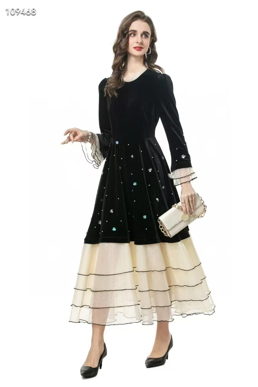 Spring New Women's Black and White Contrasting Splicing + Beading Sequin Embroidery Princess Style Design Velvet Dress S-XXL