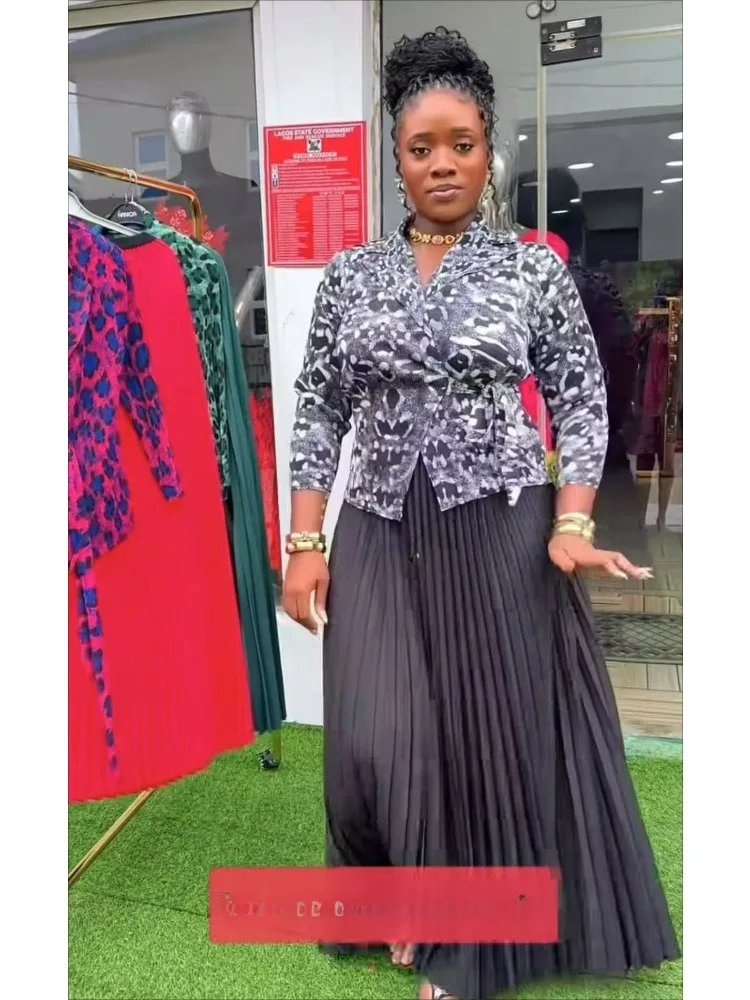 Miyake-Conjunto de traje plisado con estampado de leopardo para mujer, Top de manga larga con lazo, media falda larga de cintura alta, conjunto de dos piezas, novedad de 2025