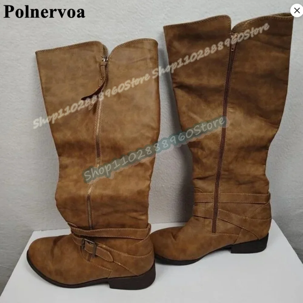 

Retro Style Brown Leather Buckle Strap Boots Flats Shoes For Women Side Zipper Round Toe Fashion Occidental Zapatos Para Mujer