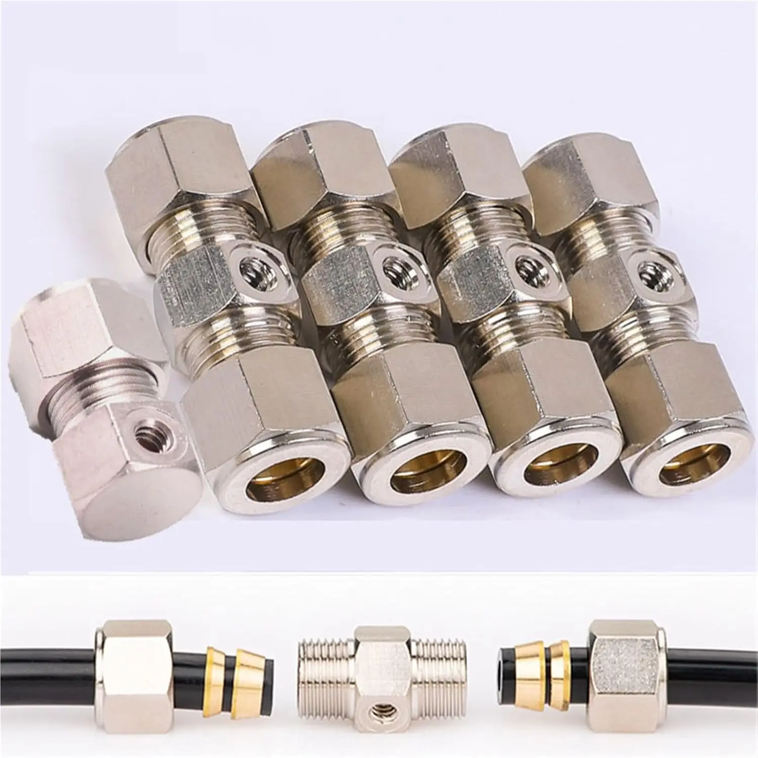 10Pcs Brass Compression Connector For Misting System 3/8'' (9.52mm) Connector Straight Stainless Steel Tee Fittings With End Cap