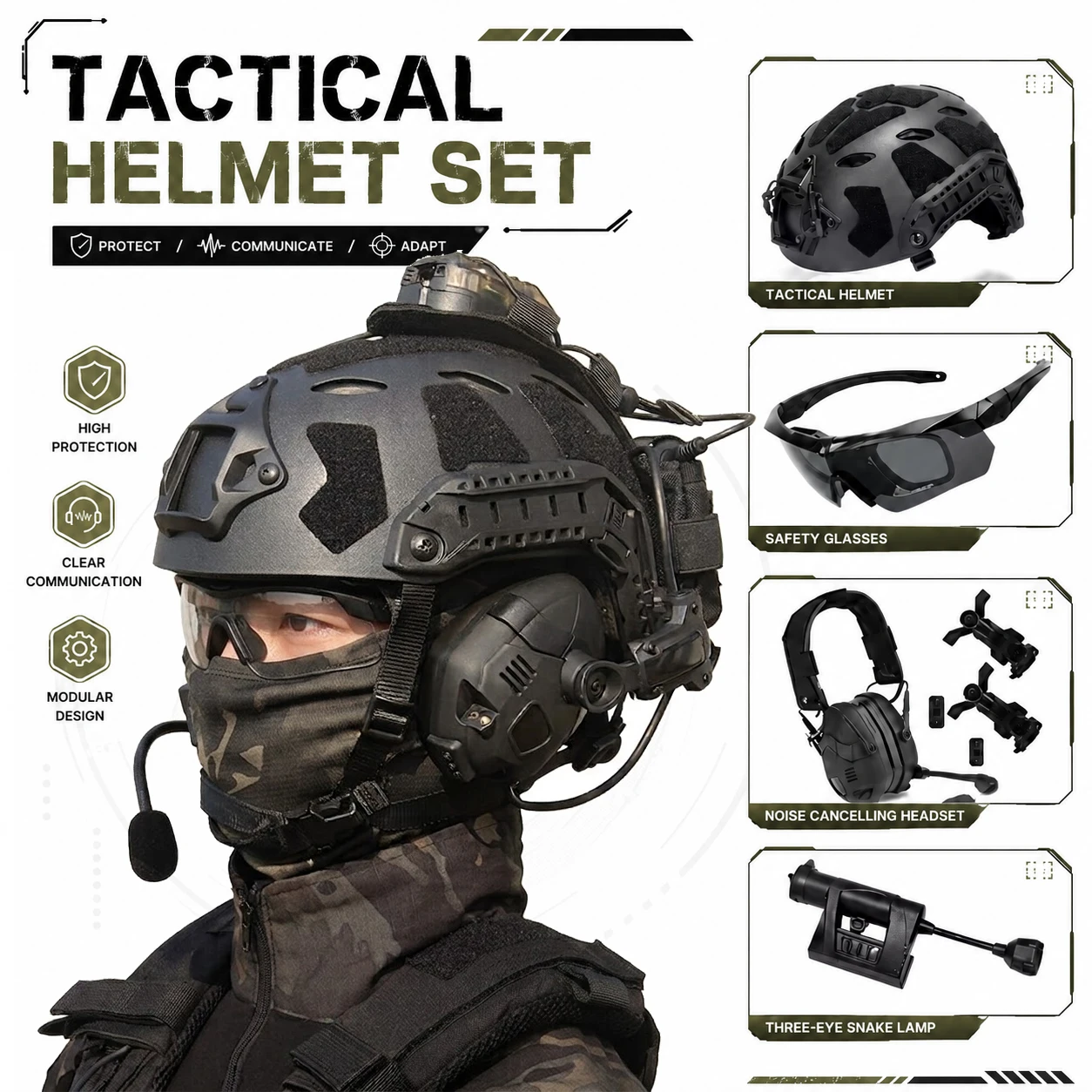 Tactical FAST Helmet Set with Bluetooth Noise Canceling Headset Safety Glasses Airsoft Helmet Light Paintball Shooting Gear