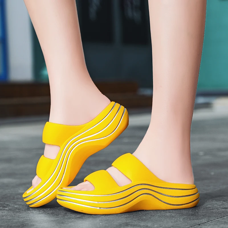 Summer Home Women Heel Slippers 6cm Thick Bottom Striped Sole Non Slip Bathroom Ladies Slides Indoor Platform Slippers Bottom