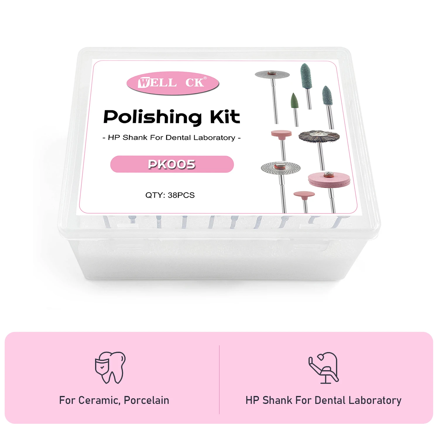 WellCK 38PCS/Set Dental Lab HP Polishing Kit 2.35mm for Grinding Ceramics Porcelain Low Speed Polisher Brushes Diamond Burs Disc