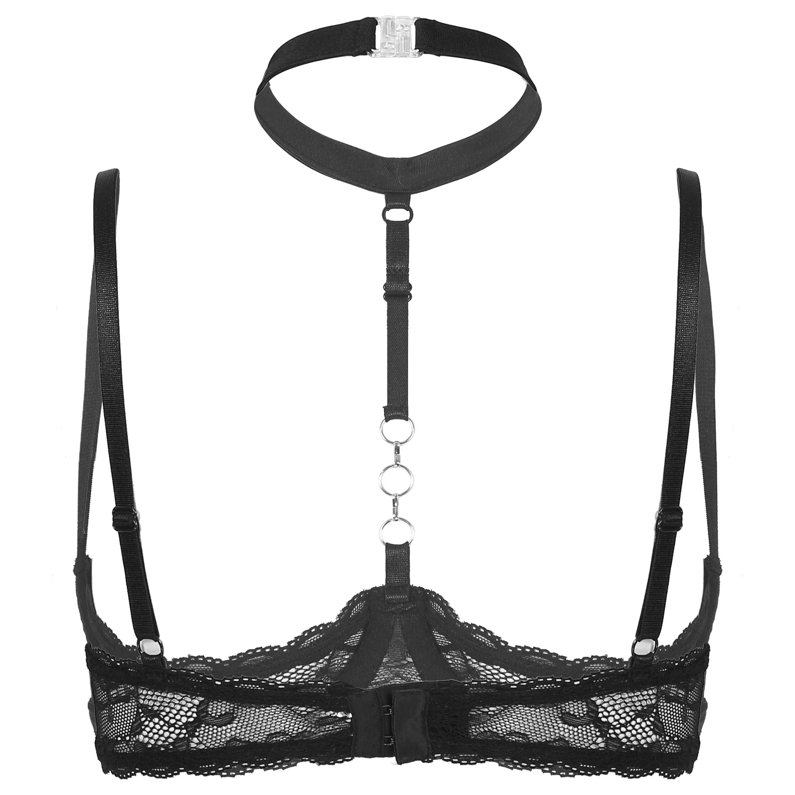 Sexy See-Through Sheer Lace Brassiere Lingerie Underwear Women Halter O Ring Push Up Bras Female 1/4 Cups Underwire Bralette