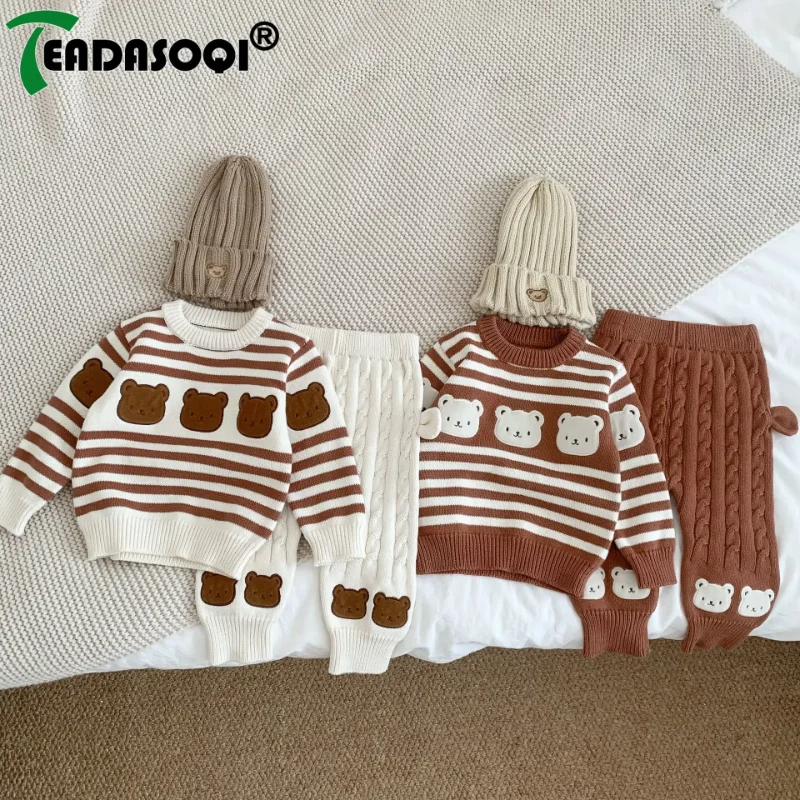 

2024 Autumn Winter Newborn Infant Kids Cartoon Bear Top Sweater+Pants Knit Clothes Set Cotton Full Sleeve Baby Girls Boys 0-3Y