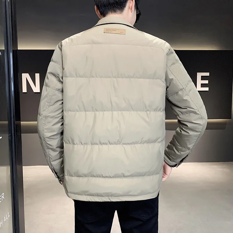 2025 men's winter new lapel, tooling down jacket, solid color, shirt collar warm down jacket