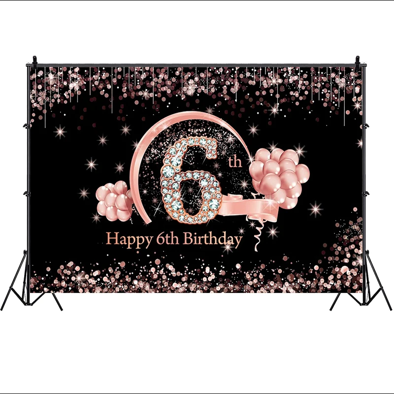 Happy 6th Birthday Backdrop for Baby Girls 6 Years Party Black and Pink Balloons Decorations Photography Background Banner Props