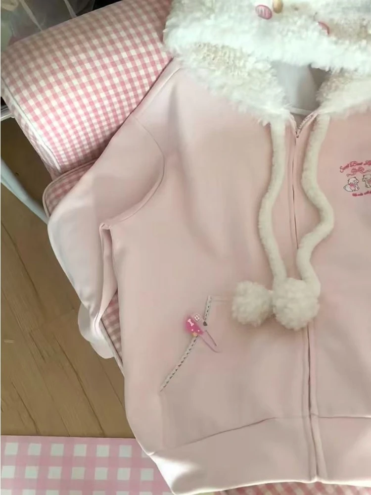 الخريف Kawaii الحلو طويلة الأكمام فضفاضة هوديس المرأة اليابانية لطيف سستة التطريز بلوزات عادية أنيقة الصلبة معطف جميل