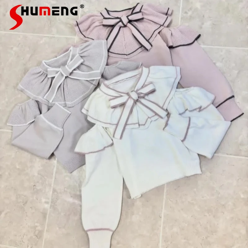 

Женский вязаный свитер-жакет с открытыми плечами, воротником-рюшем и большим бантом, в стиле Y2K, осенняя коллекция 2026, мягкий трикотаж, белый, кавайный дизайн