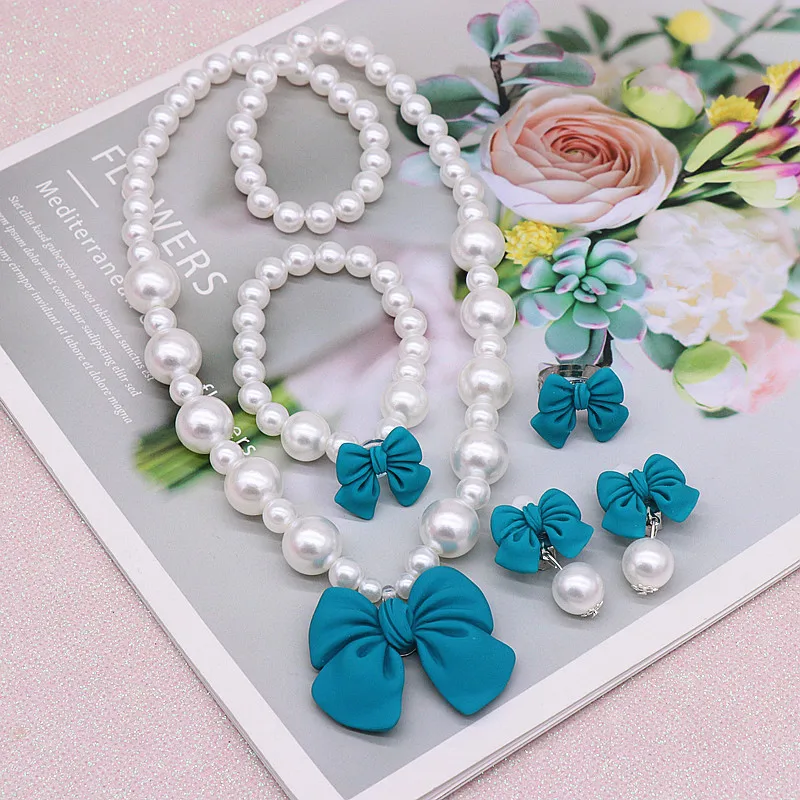 Children's Cute Bow Pearl Necklace Bracelet Earrings Set