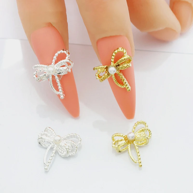 10Pcs Hollow Bowknot Nail Decor DIY Art Accessory Rhinestone Metal Gold Silver Nail Charms 3D Alloy Bow Tie Biżuteria Manicure