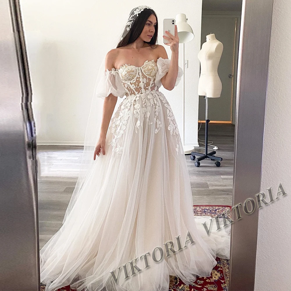 VIKTORIA-Vestidos De Novia elegantes para mujer, corte en A, con cordones, escote en forma de corazón, mangas acampanadas, personalizados