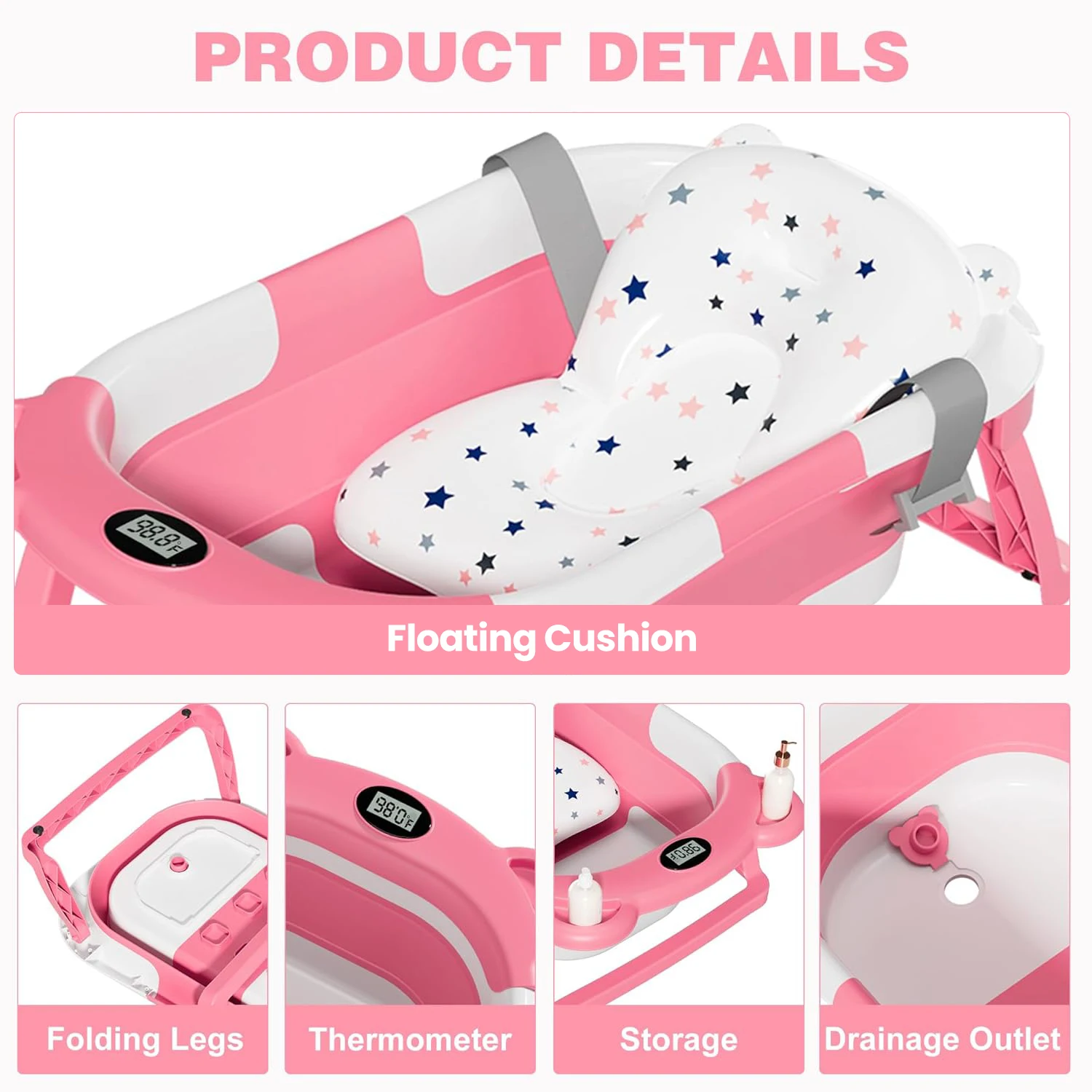 Tragbare, faltbare Babybadewanne für Neugeborene mit Echtzeit-Thermometer, weichem Stützkissen, zusammenklappbare Reise-Babybadewanne mit Ablaufstopfen, kompakte Aufbewahrung, Kinderbadewanne – Detail 16