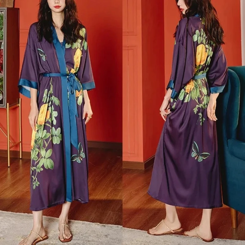 

Krismile атласный женский халат, весна-лето 2021, новый китайский стиль, роскошный принт, тонкая женская пижама три четверти с v-образным вырезом на шнуровке