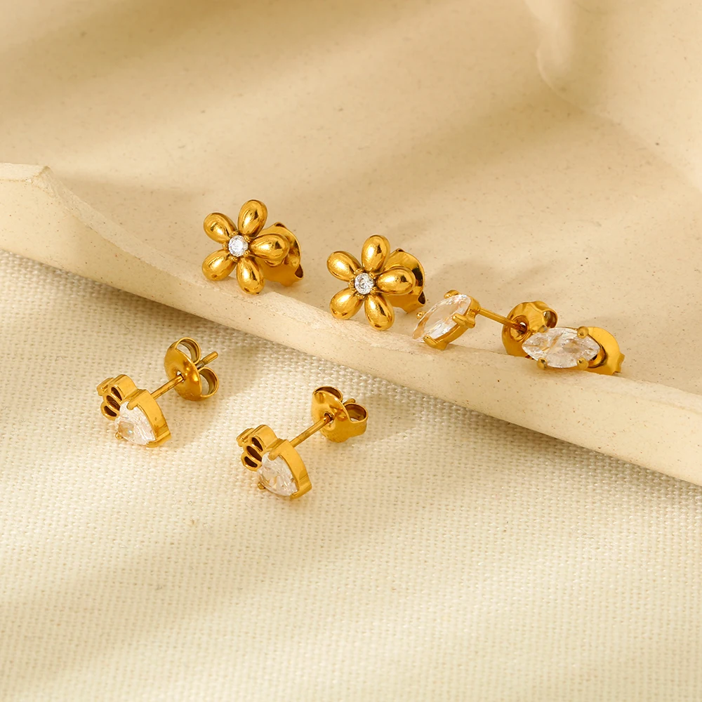 Dainty Women Earrings Jewelry Hypoallergenic 18K Gold Plated Stainless Steel Cubic Zirconia Flower Crown Eye Stud Earrings Set